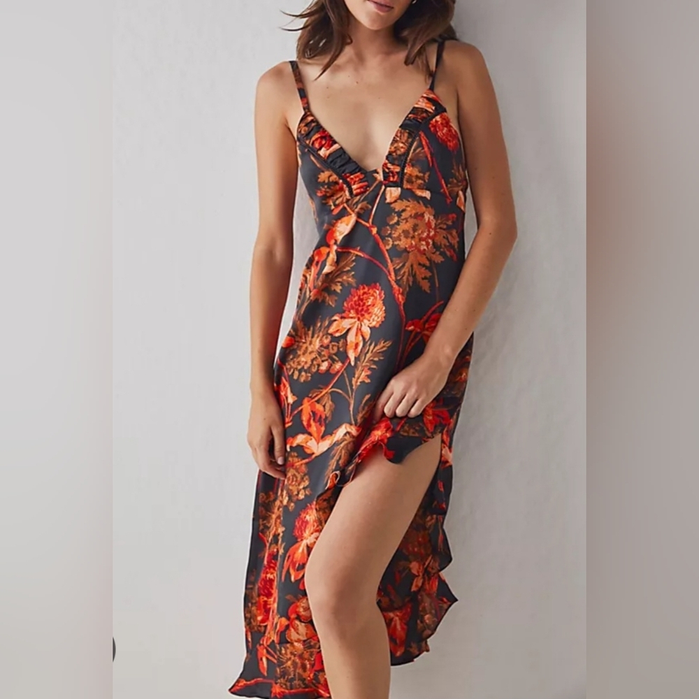 entro Black Slip Midi Dress with Red-Orange Floral Print